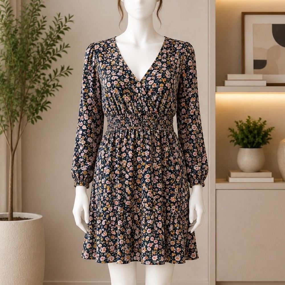 Mason & Belle Womens Mini Dress Floral Smocked Waist Navy Blue XXL